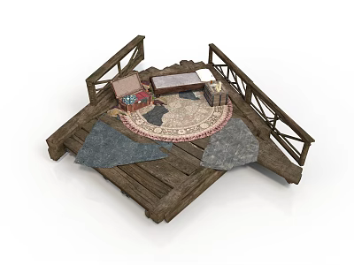 Wooden Deck Interior Design With Railing Round Rug And Sofa Seating 3d model