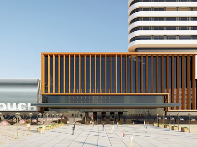 Modern Residential Building With Wooden Slat Facade Glass Windows And Plaza Entrance 3d model