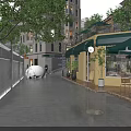 Evening Street Cafe With Green Awnings Tables Chairs Street Lamps And Wet Ground
