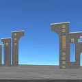 Modern Stone Entrance Gate With Archway Pillars Golden Accents And Symmetrical Design