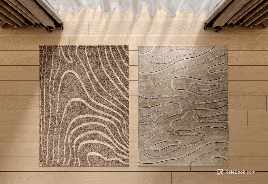 Square Rugs With Wavy Patterns In Neutral Tones On Wooden Floor 3d model