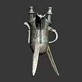 Ancient Bronze Wine Bottle And Cup Featuring Three Legs Greenish Blue Patina And Intricate Carvings
