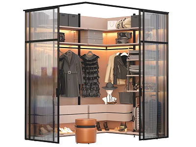 Modern Glass Door Wardrobe With Interior Lighting Hanging Clothes Folded Garments And Shoes 3d model