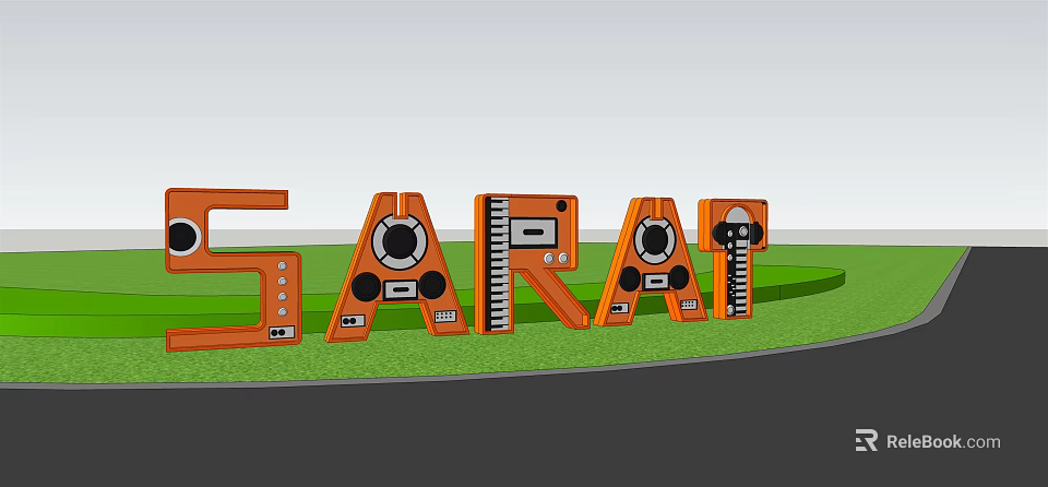 Orange Brand Logo Featuring Audio Buttons On Green Grass And Gray Ground 3d model 