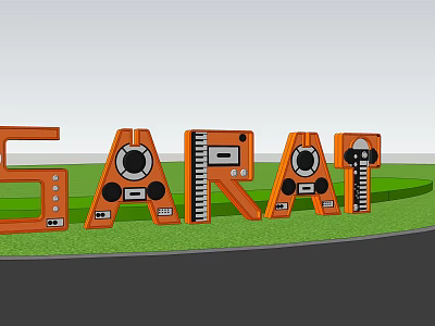 Orange Brand Logo Featuring Audio Buttons On Green Grass And Gray Ground 3d model