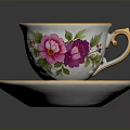 Porcelain Teacup and Saucer with Colorful Floral Patterns and Gold Rim