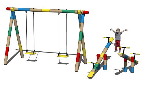 Modern Amusement Equipment Solid Wood Swing Seesaw Combination 3d model