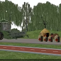 Garden Ornaments With Straw Stacks Grain Bags And Combine Harvester Near Willow Trees