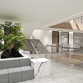 Modern Building Interior Atrium Design With Wooden Panels Glass Railings And Skylight