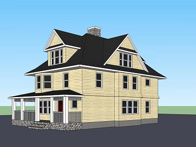 Two Story Single Family House With Yellow Exterior Black Roof And Front Porch 3d model