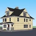 Two Story Single Family House With Yellow Exterior Black Roof And Front Porch