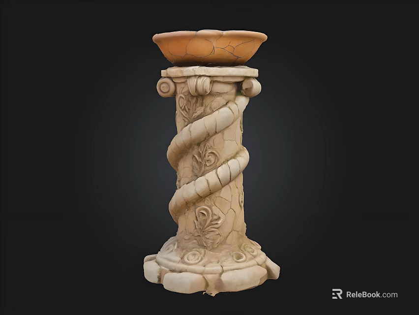 Intricate Carved Decorative Column With Spiral Design And Floral Patterns On Bowl Top 3d model 