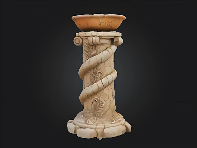 Intricate Carved Decorative Column With Spiral Design And Floral Patterns On Bowl Top 3d model