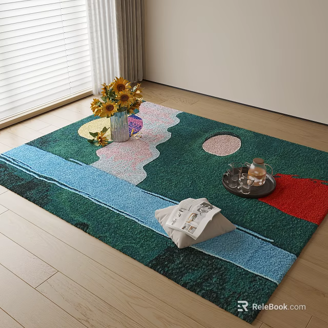 Square Wavy Circular Green Blue Red Carpet With Sunflower Vase Tray Magazine On Wooden Floor 3d model 