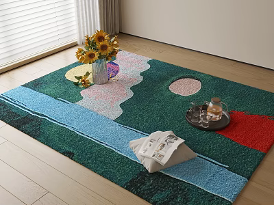 Square Wavy Circular Green Blue Red Carpet With Sunflower Vase Tray Magazine On Wooden Floor 3d model