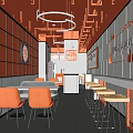 Modern Elegant Restaurant Interior With Red Walls Orange Chairs Open Layout And Long Bar Counter