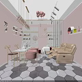 Pink Themed Mall Store Interior With Chandeliers Balloons Shelves Tables And Sofa