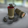 Military Smoke Grenade With Red Base And Scattered Metal Parts On Surface