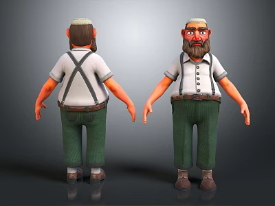 Cartoon Character Design Front And Back View With White Shirt Green Pants Suspenders Hat Beard 3d model