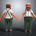 Cartoon Character Design Front And Back View With White Shirt Green Pants Suspenders Hat Beard