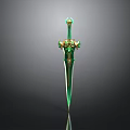 Ornate Fantasy Style Sword With Green Blade And Golden Gemstone Decorations