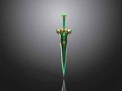 Ornate Fantasy Style Sword With Green Blade And Golden Gemstone Decorations 3d model