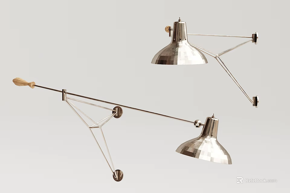 Modern Metal Wall Lamps with Adjustable Arms and Conical Shades Mounted on Wall 3d model 