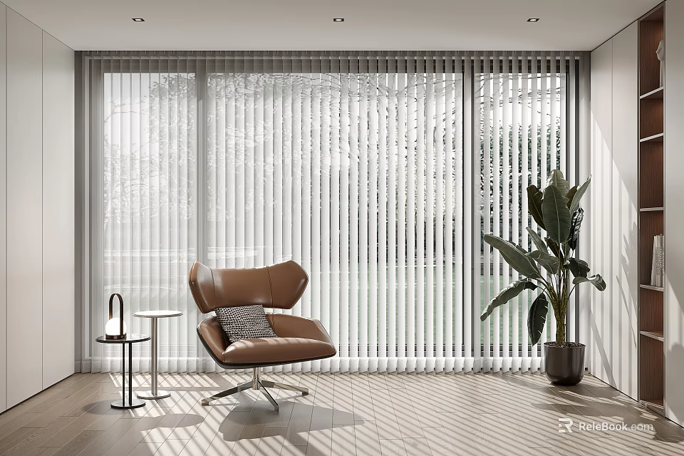 Home Balcony With Vertical Blinds Brown Chair Small Side Table Large Plant And Wooden Flooring 3d model 