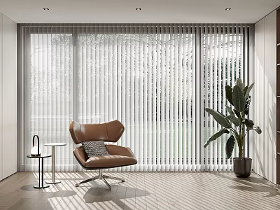 Home Balcony With Vertical Blinds Brown Chair Small Side Table Large Plant And Wooden Flooring 3d model