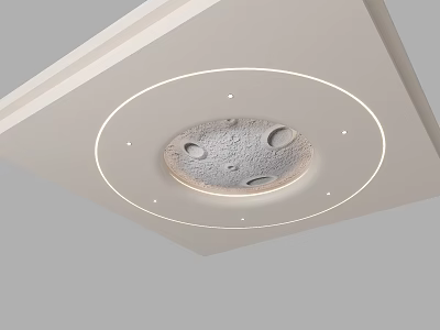 Square Ceiling With Moon Shaped Decoration And Circular Light Strips 3d model