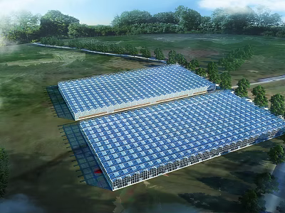 Industrial Factory Building With Large Glass Roof In Green Field Surrounding Trees And Open Landscape 3d model