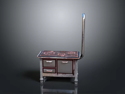 Vintage Kitchen Stove Design With Four Burners Drawers Cabinet Doors And Chimney 3d model