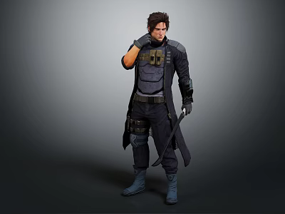 Tactical Warrior Character With Brown Hair Black Gloves And Sci Fi Creature Holding Knife 3d model