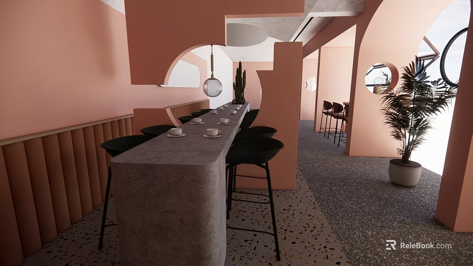 Pink Restaurant Featuring Arched Doorways Long Bar Green Chairs Round Pendant Lights And Potted Plants 3d model 