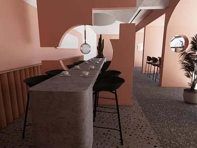 Pink Restaurant Featuring Arched Doorways Long Bar Green Chairs Round Pendant Lights And Potted Plants 3d model