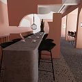 Pink Restaurant Featuring Arched Doorways Long Bar Green Chairs Round Pendant Lights And Potted Plants