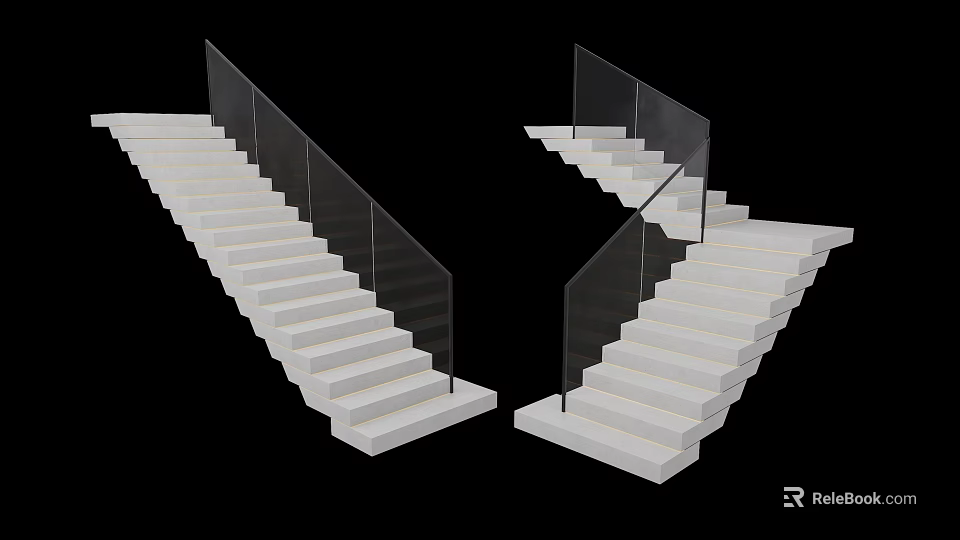 Modern Stairs Interior Design With White Steps And Glass Railings 3d model 