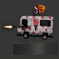 Playful Ice Cream Truck With Pink White Polka Dots Clown Head Flame And Front Fire