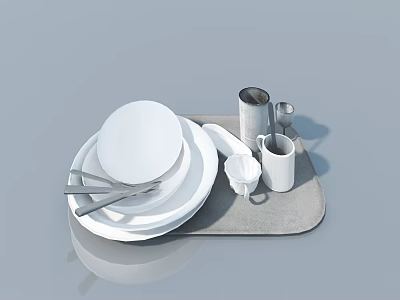 Modern Swing Door Kitchen Setup With White Dinnerware And Utensils On Gray Mat 3d model