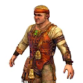 Rugged Explorer Character in Patched Clothing with Decorative Pouches and Creature Interaction
