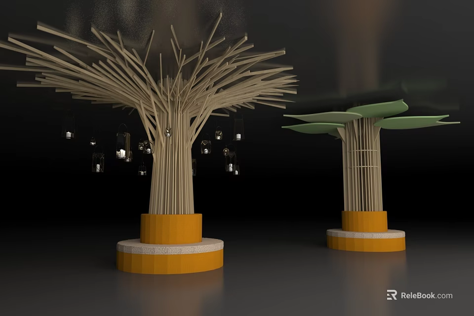 Tree Like Art Installation With Slender Poles Yellow Base And Green Top 3d model 