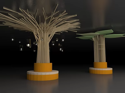 Tree Like Art Installation With Slender Poles Yellow Base And Green Top 3d model