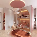 Kid's Room With Pink Circular Ceiling Light Cloud Decor Bunk Bed Stairs Giraffe Toy Rug