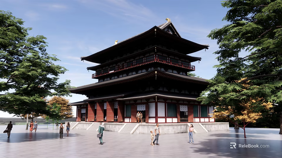 Ancient Multi story Traditional Building With Classic Roof Surrounded By Trees And People 3d model 