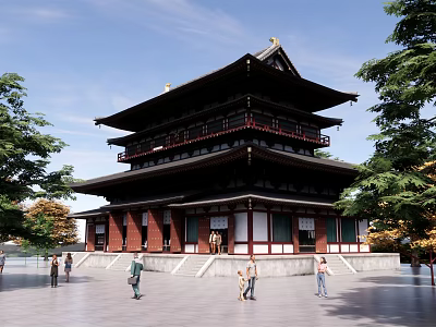 Ancient Multi story Traditional Building With Classic Roof Surrounded By Trees And People 3d model