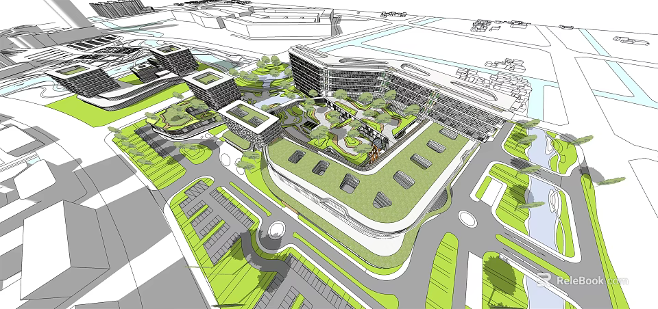 Modern Eco Friendly Architectural Complex With Green Roofs And Landscaped Spaces 3d model 