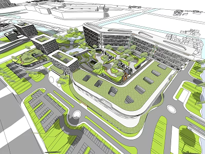 Modern Eco Friendly Architectural Complex With Green Roofs And Landscaped Spaces 3d model