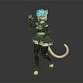 Game Movie Character With Blue Hair Cat Ears White Tail And Black Outfit Waving Pose