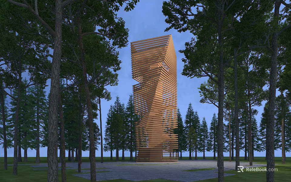Modern Wooden Spiral Tower Surrounded by Tall Trees in Forest Setting 3d model 