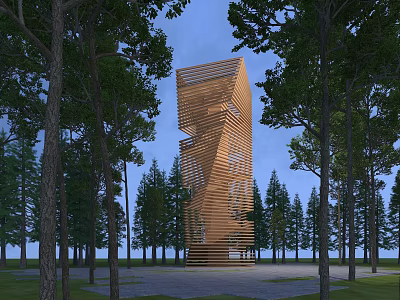 Modern Wooden Spiral Tower Surrounded by Tall Trees in Forest Setting 3d model